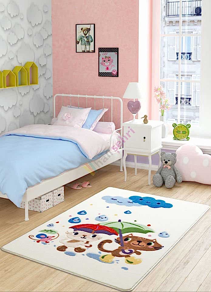 Confetti Rainy Day Beyaz Çocuk Halısı Yumuşak Yıkabilir
