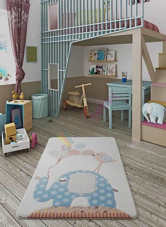 Confetti Spotty Elephant Mavi Çocuk Halısı Yumuşak Yıkabilir